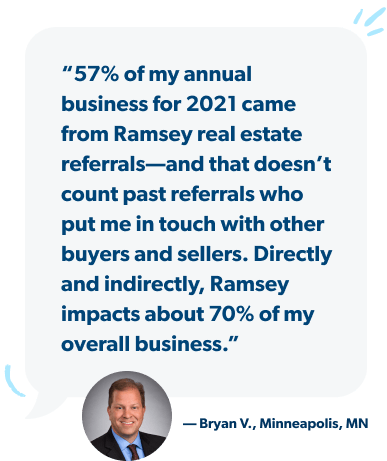 "57% of my annual business for 2021 came from Ramsey real estate referrals–and that doesn't count past referrals who put me in touch with other buyers and sellers. Directly and indirectly, Ramsey impacts about 70% of my overall business." - Bryan V